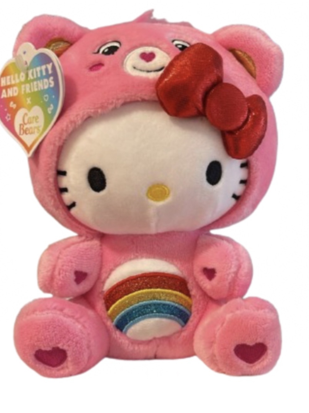 Sanrio Hello Kitty / Care Bears Pink Plush with Red Bow and Rainbow Belly NWT